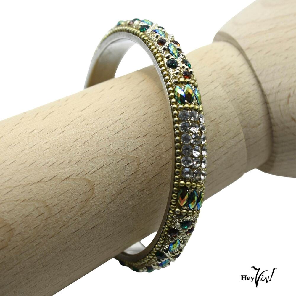 Vintage Ornate Rhinestone Bangle Bracelet 1/2" Wide Iridescent Sparkle - Hey Viv